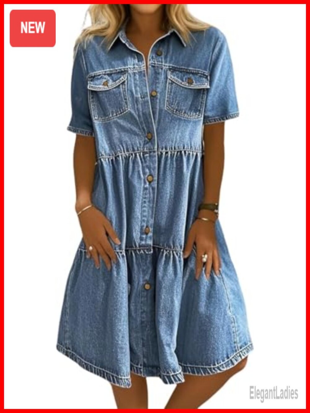 Women's Denim Tiered Swing Midi Dress Button Down Short Sleeve Casual